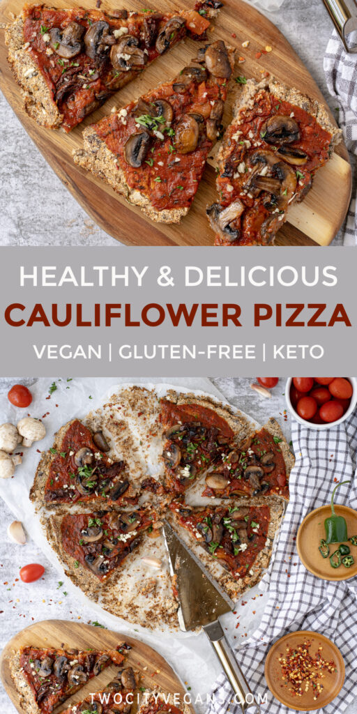 A crispy & delicious vegan cauliflower pizza crust recipe that’s easy to make and full of plant-based goodness. Top with garlicky mushrooms and sun-dried tomatoes for a fuss-free dinner!
