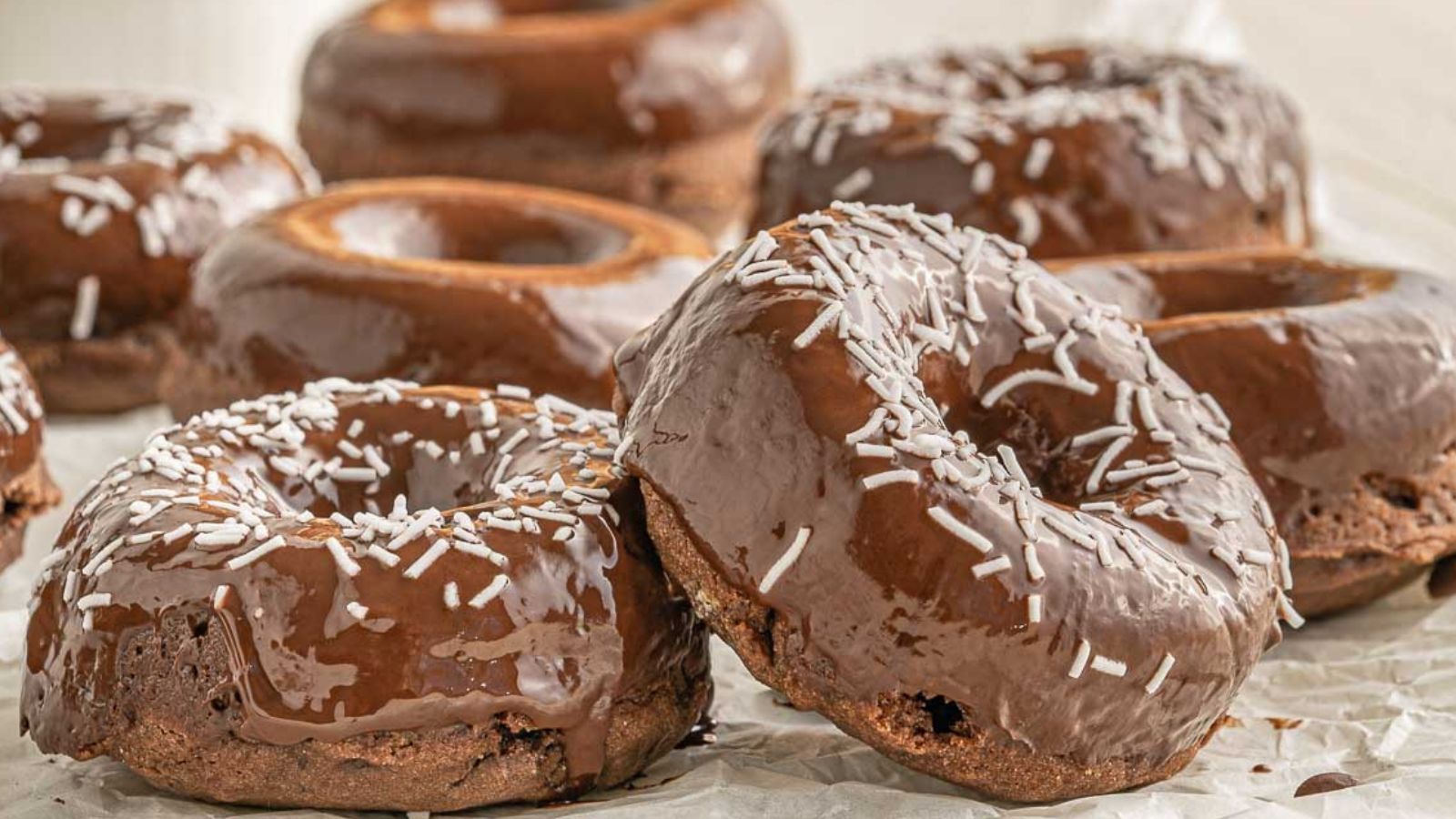 Chocolate covered donuts on a baking sheet.