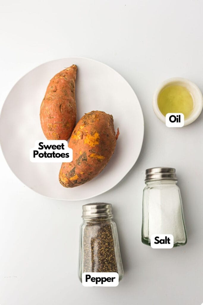 A list of ingredients for a an air fryer sweet potato fries recipe.