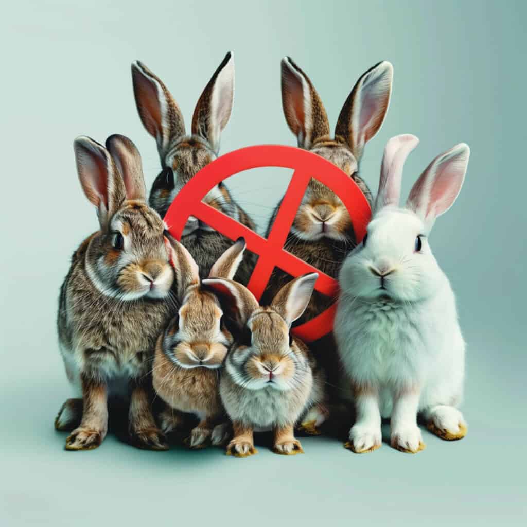 A group of rabbits in front of a red sign.