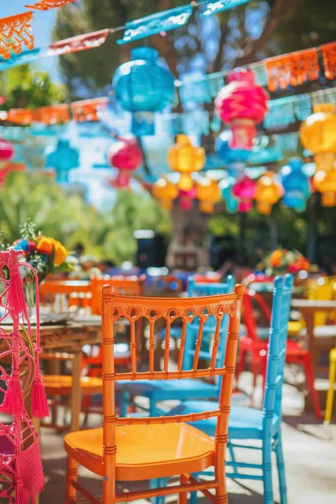 A colorful mexican themed party with brightly colored chairs.