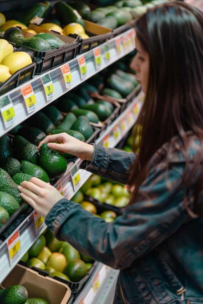 A woman is choosing an avocado in a grocery store.