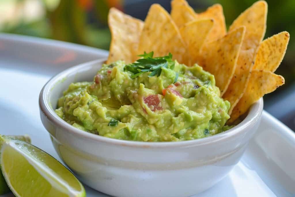 A bowl of guacamole and chips.
