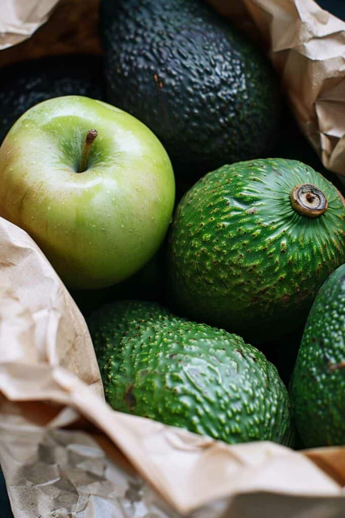 A group of avocados and an apple.