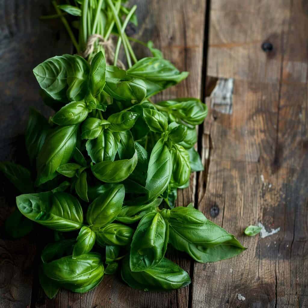 A bunch of fresh basil on a wooden table.