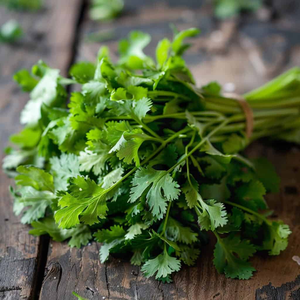 A bunch of fresh parsley on a wooden table.