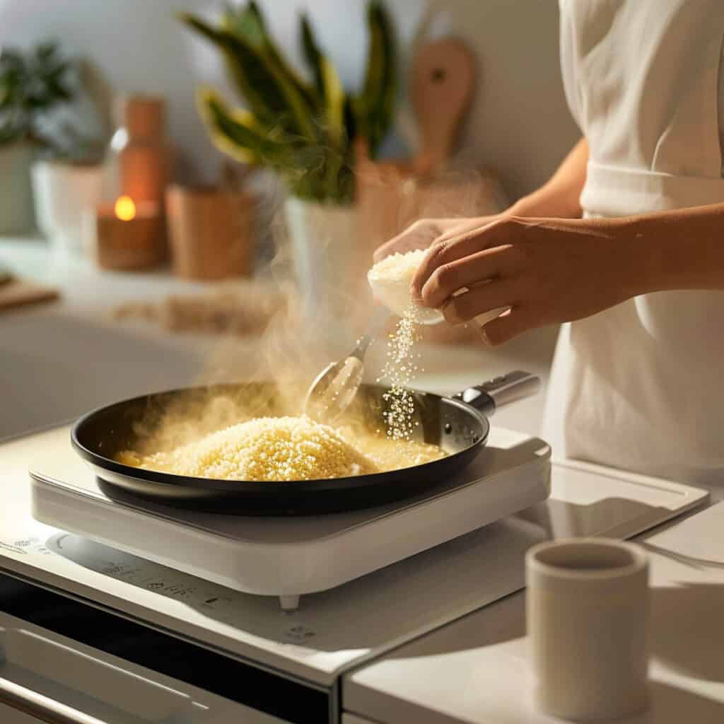 A person pouring food into a pan.