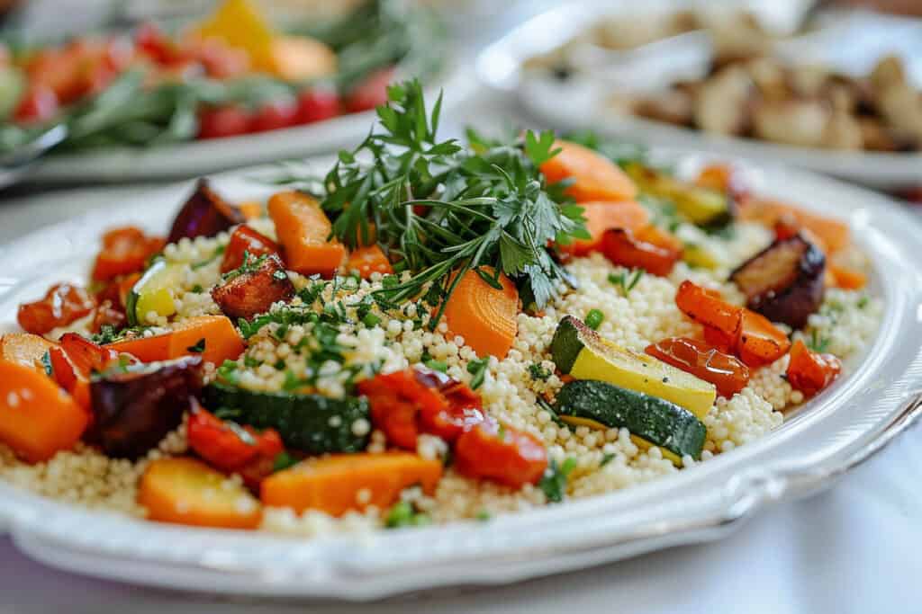 A plate of couscous and vegetables on a table.