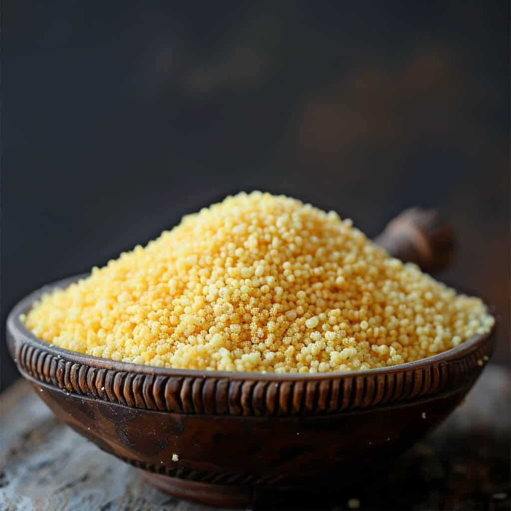 A bowl of millet in a wooden bowl.