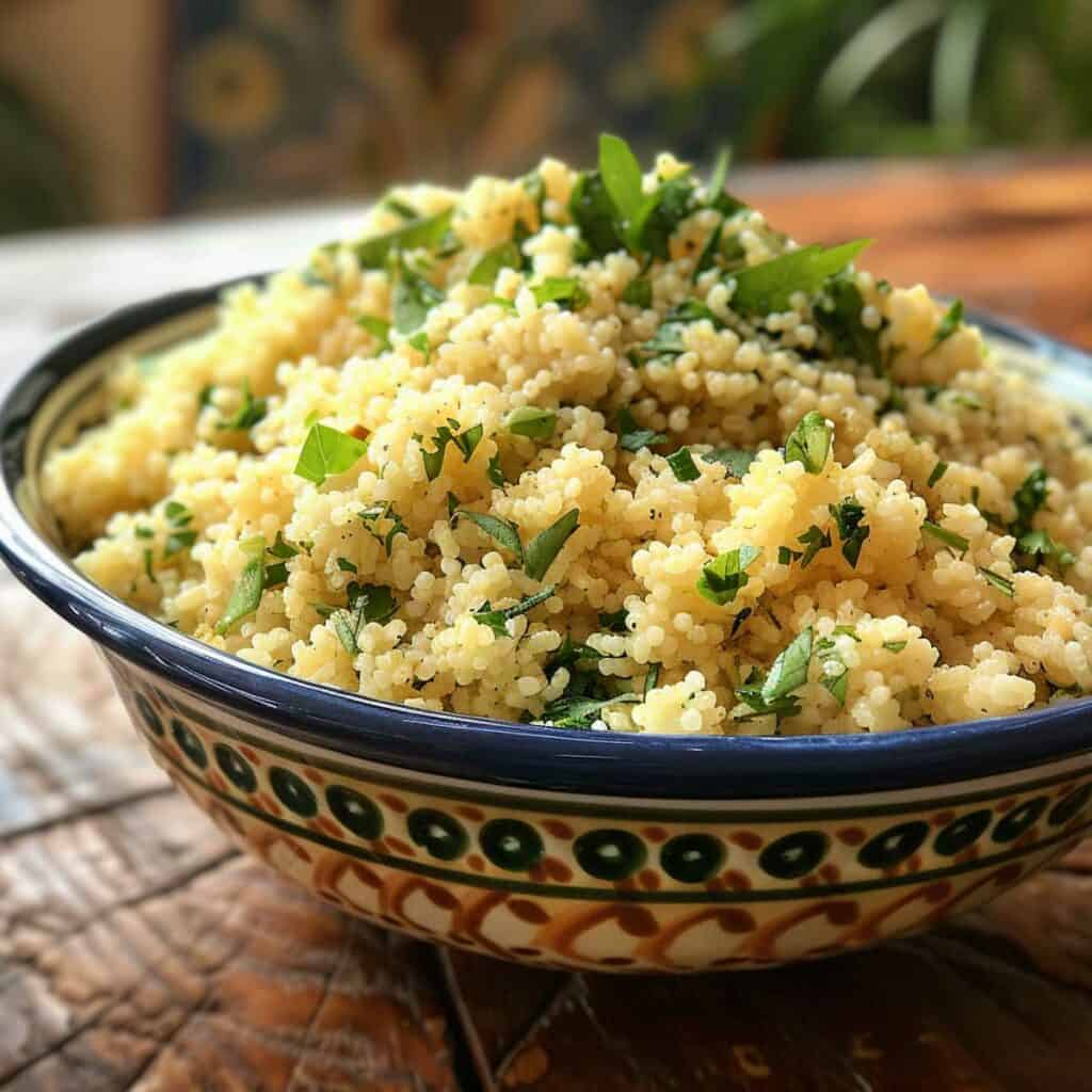A bowl of food on a table.