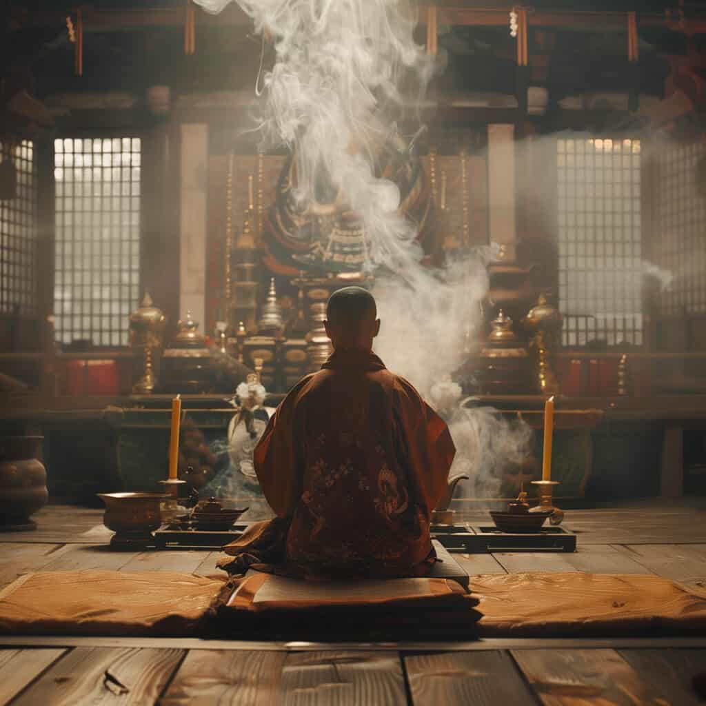 A buddhist monk sitting in a temple with smoke coming out of his mouth.