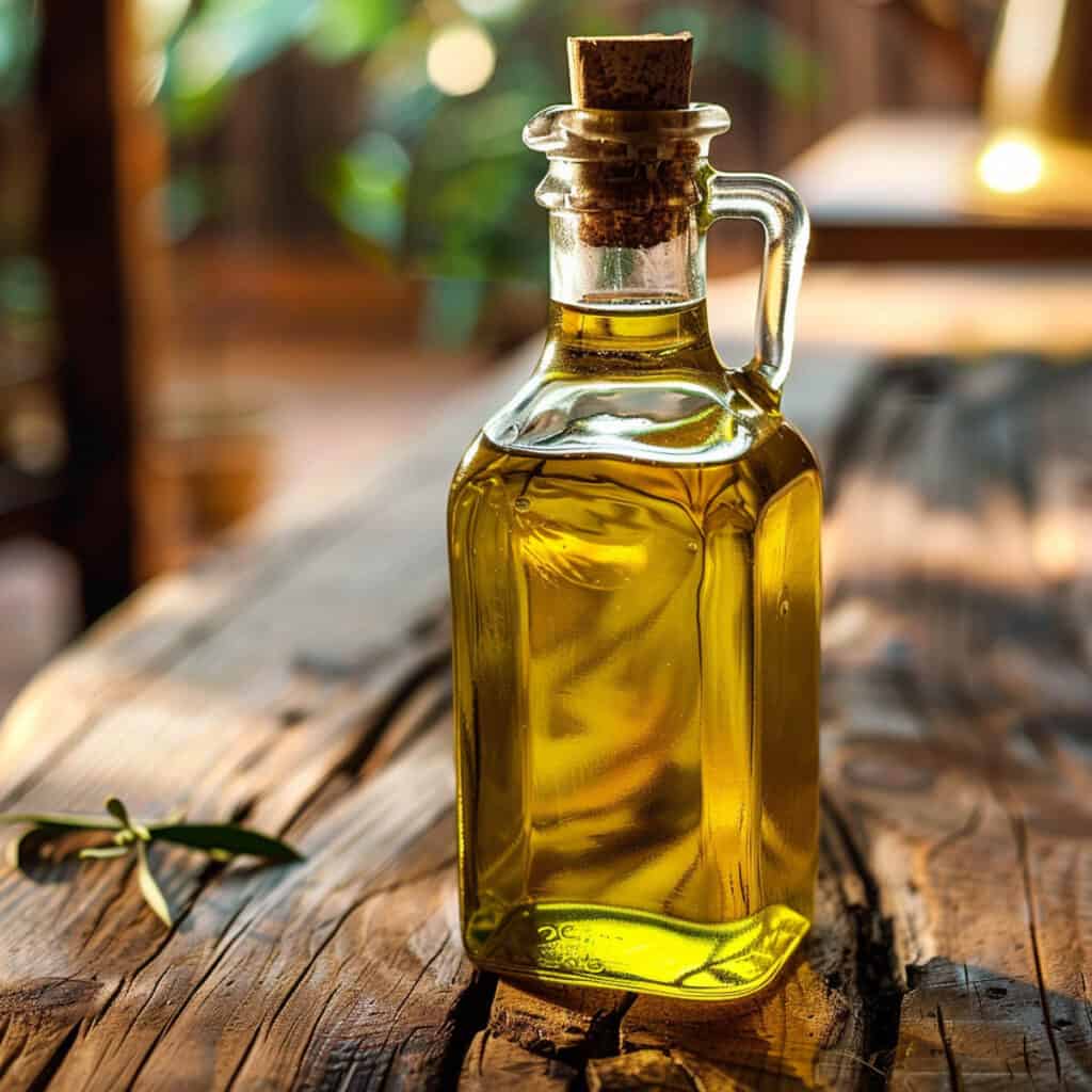 A bottle of olive oil sitting on a wooden table.