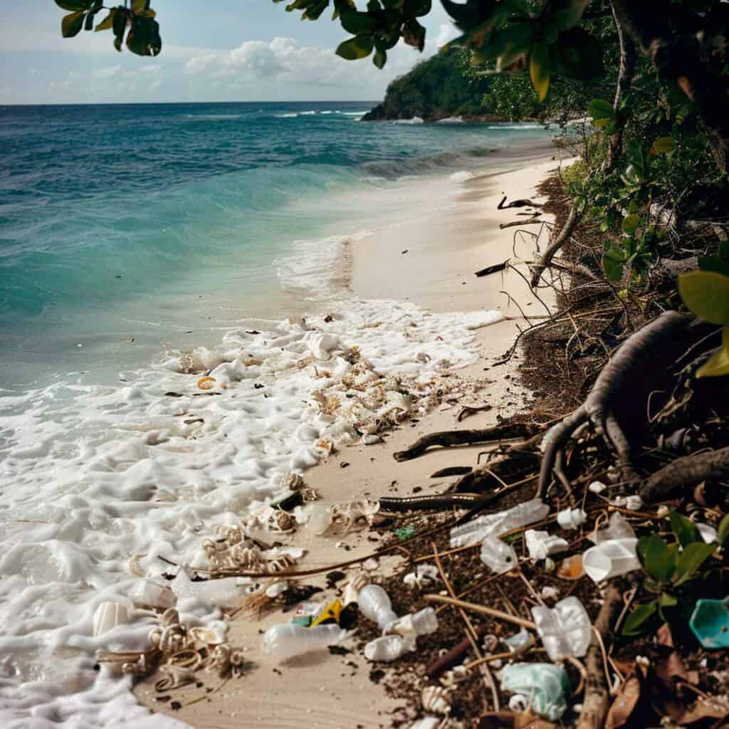 A beach with a lot of trash on it.