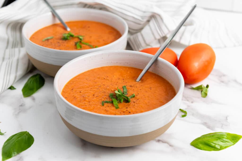 Roasted Tomato Basil Soup with tomatoes.