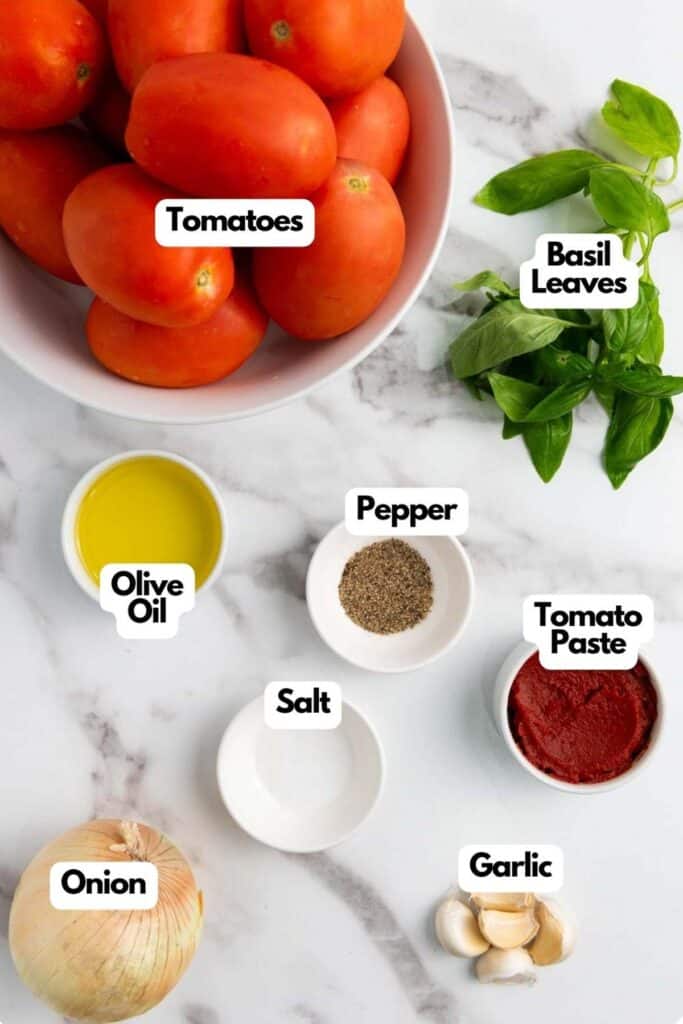 A list of ingredients for a Roasted Tomato Basil Soup Recipe.