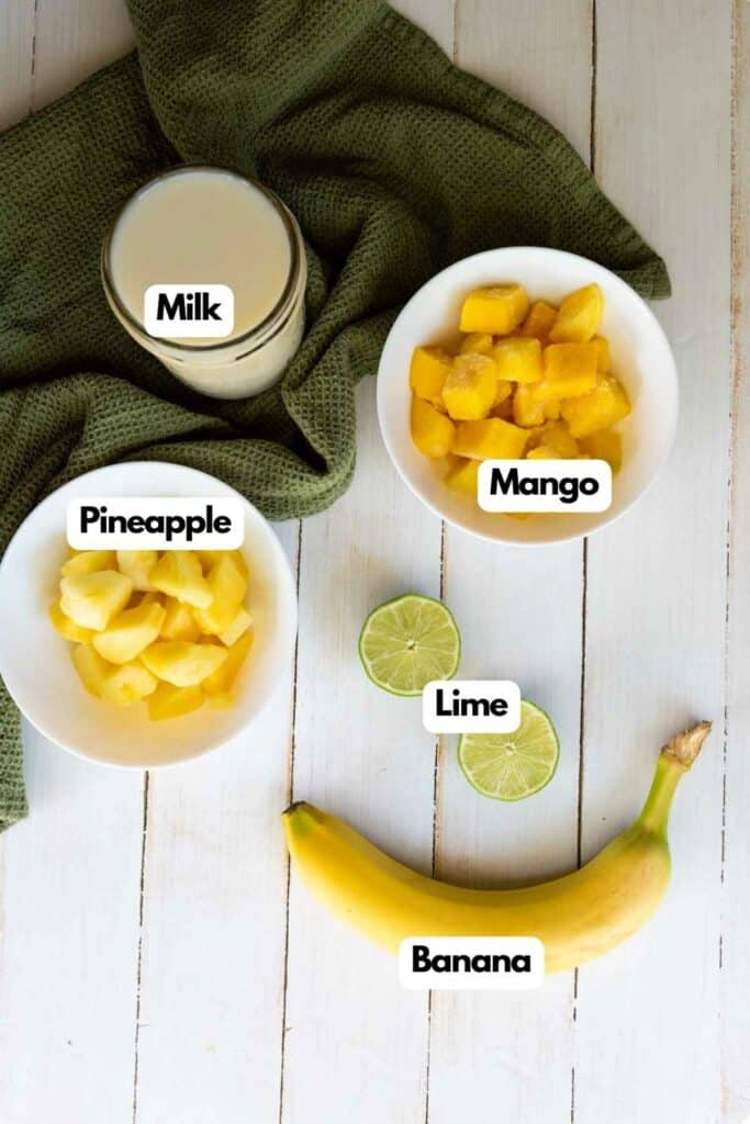 A list of ingredients for a tropical smoothie recipe.