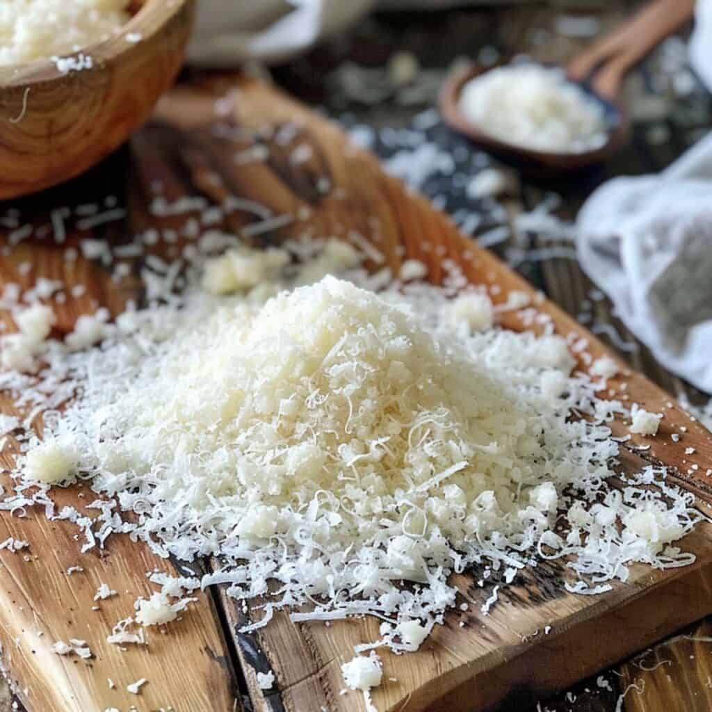 Grated parmesan cheese on a wooden cutting board.