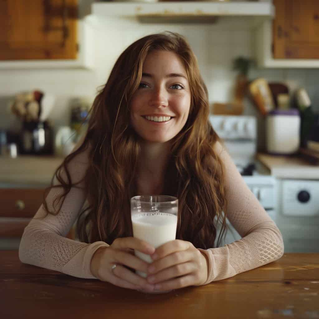 A woman holding a glass of milk.