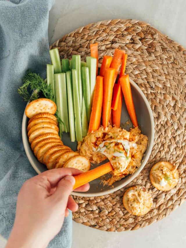 A person dipping a cracker into a bowl of dip.