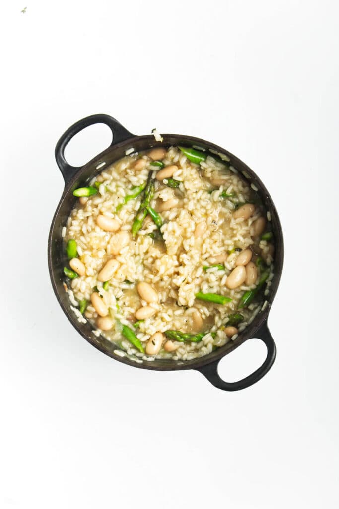 A bowl of Asparagus and White Bean Risotto.