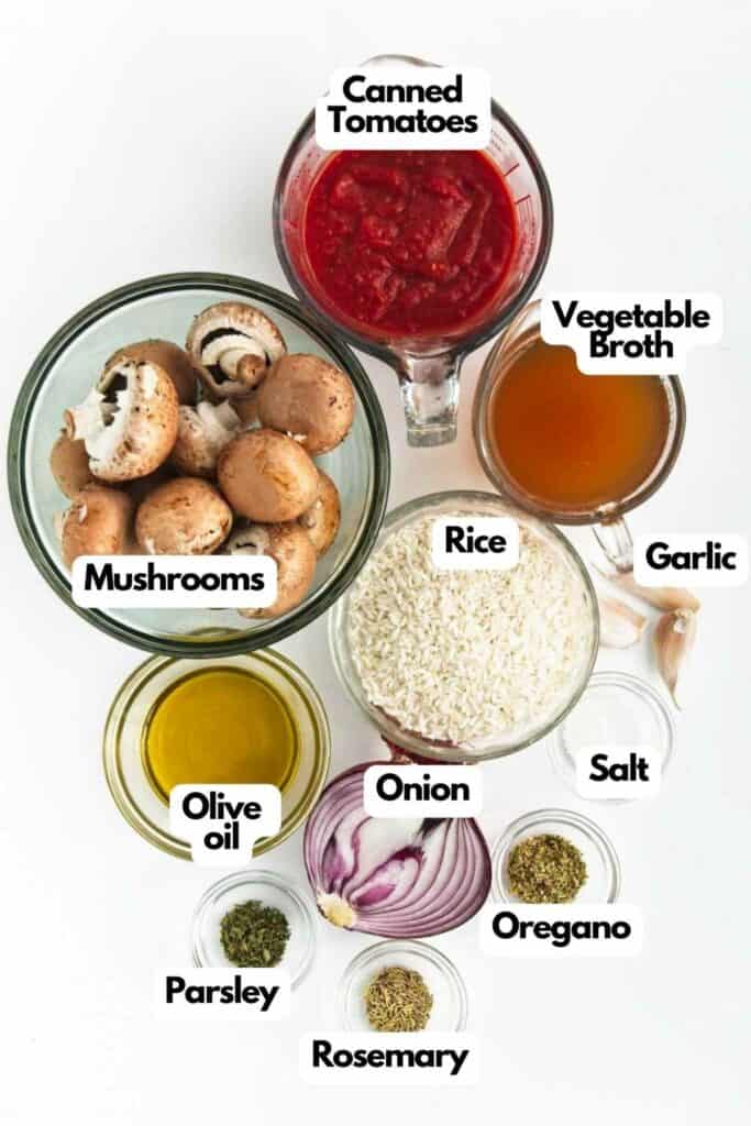 A list of ingredients for the baked mushroom rice dish.