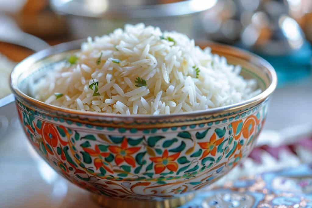 A bowl of rice sitting on a table.