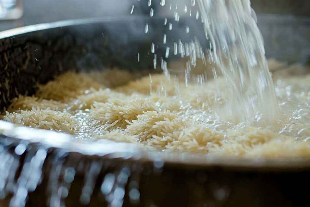 A pot of rice being poured into a pan.
