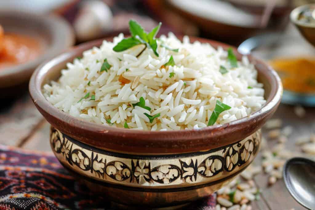 A bowl of rice is sitting on a wooden table.