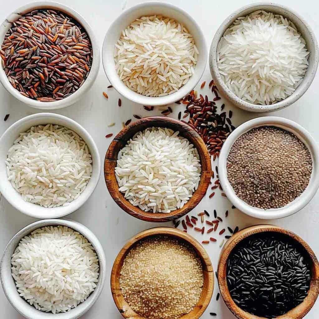 Different types of rice in bowls on a white background.