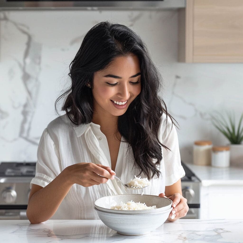 A woman smiling while eating rice in a bowl.