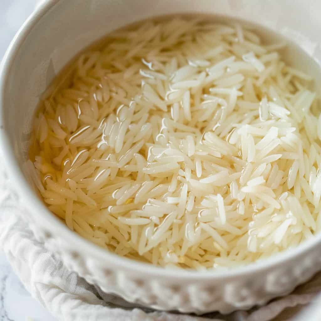 White rice in a bowl on a marble countertop.