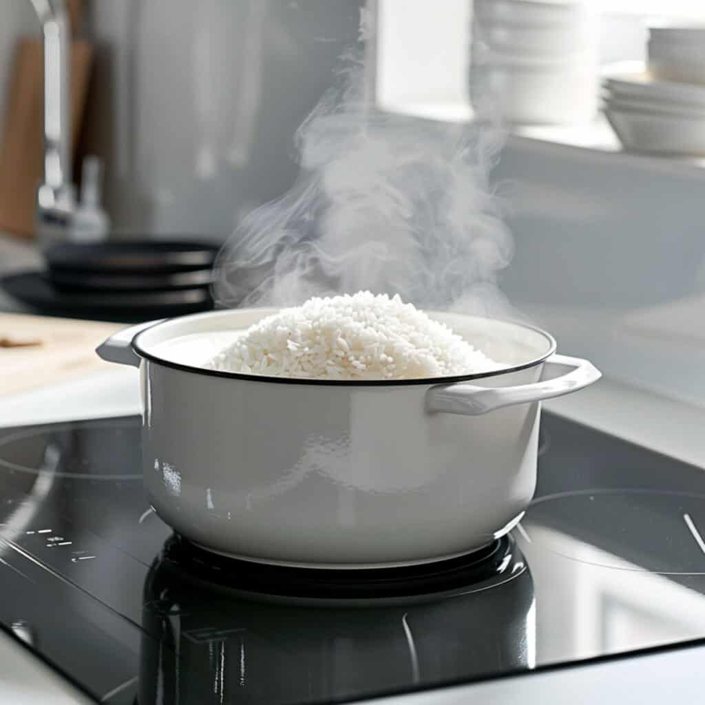 A pot of rice on top of a stove.