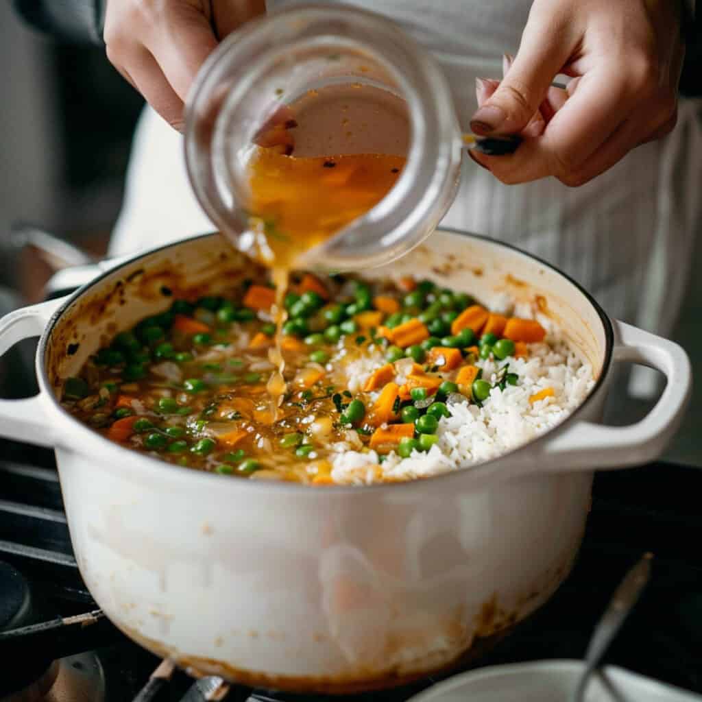 A person pouring sauce into a pot of rice and vegetables.