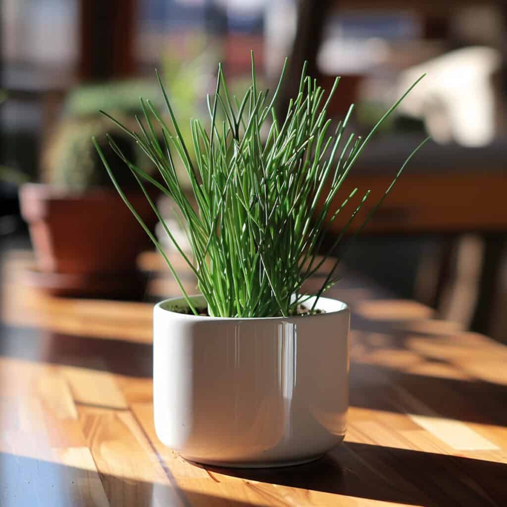 A plant in a white pot on a wooden table.