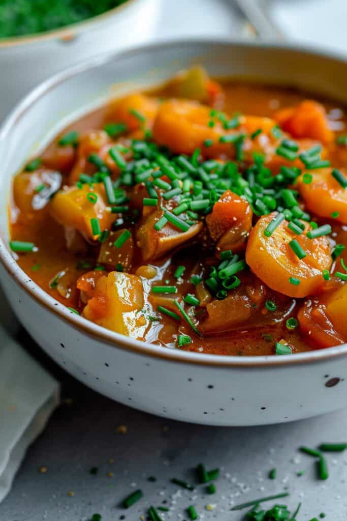 A bowl of stew with carrots and onions.