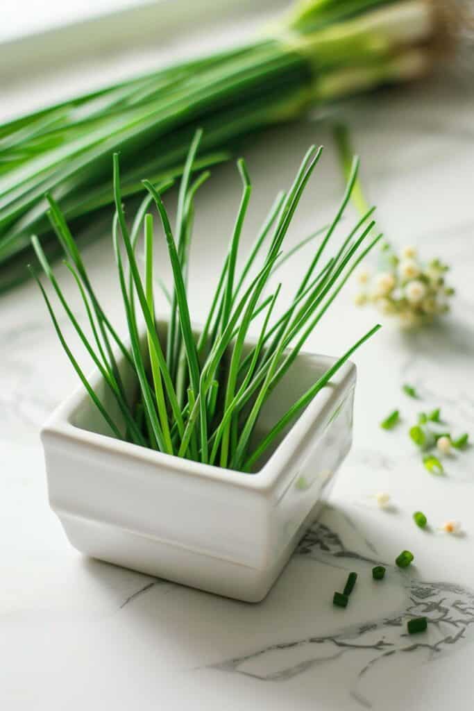 Chives in a white bowl on a marble counter.