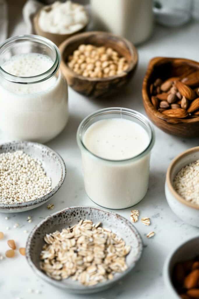 Oats, almonds, milk and other foods on a table.