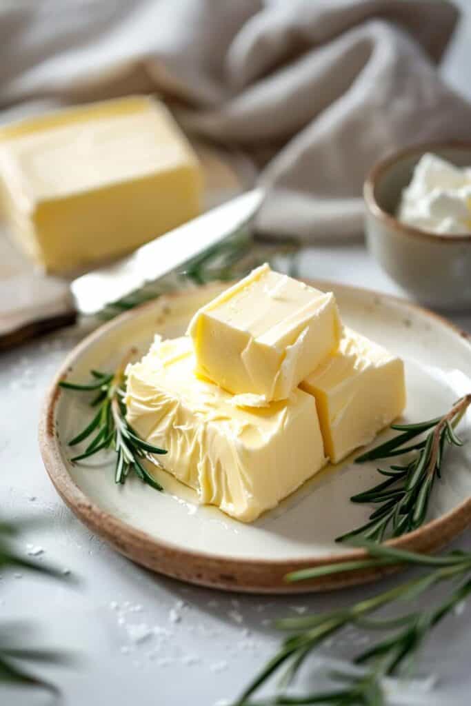 Butter on a plate with rosemary sprigs.