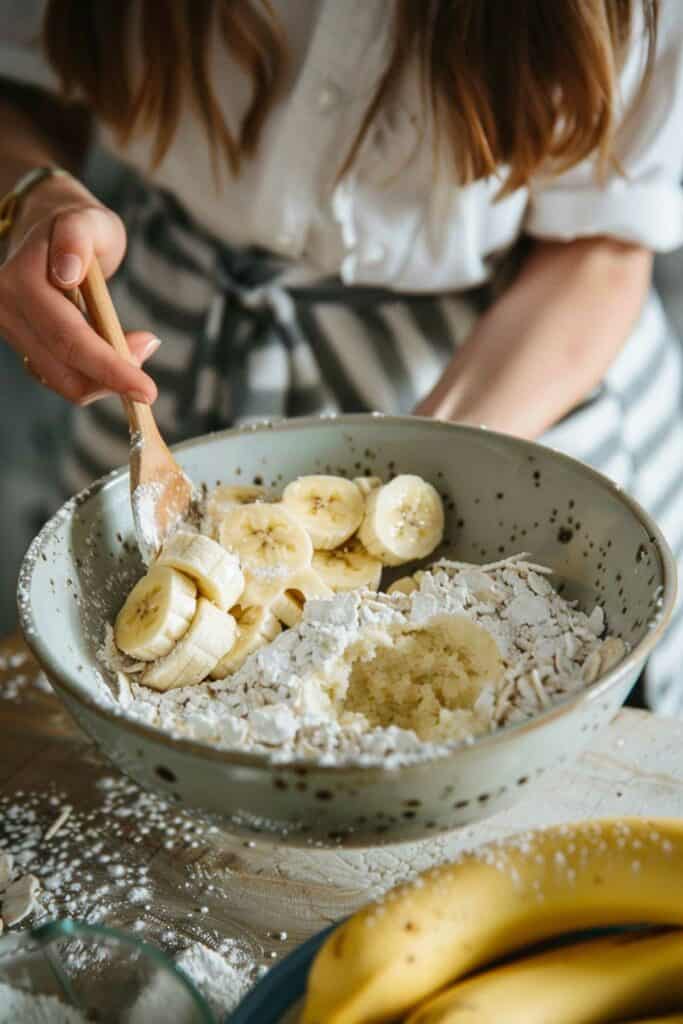 A woman mixing flour and bananas in a bowl.