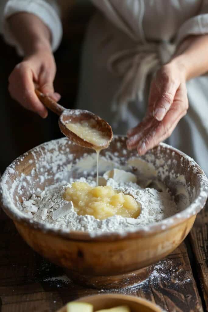 A woman pouring flour into a wooden bowl.