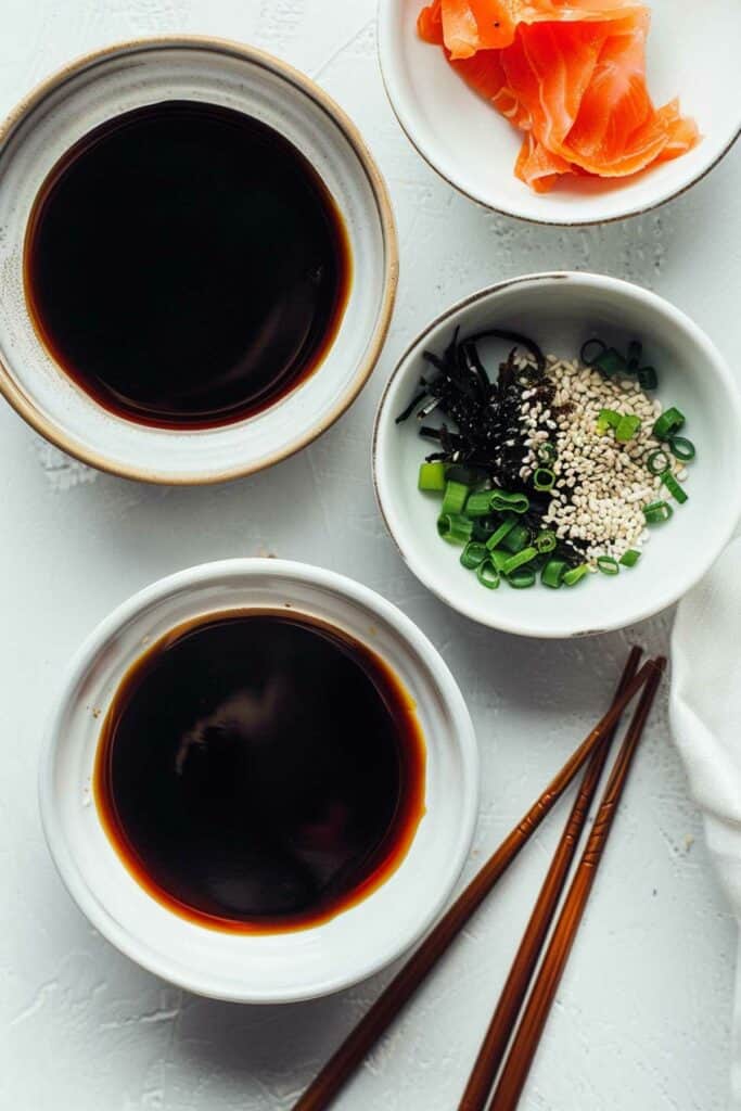 Three bowls with sauce and chopsticks on a white surface.