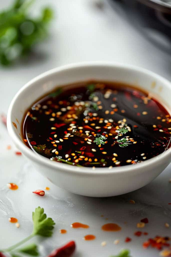 A bowl of asian sauce on a table.