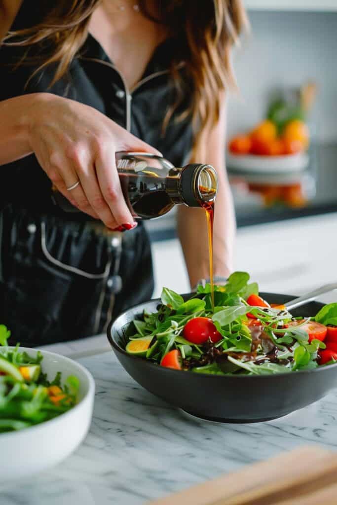 A woman is pouring olive oil on a salad.
