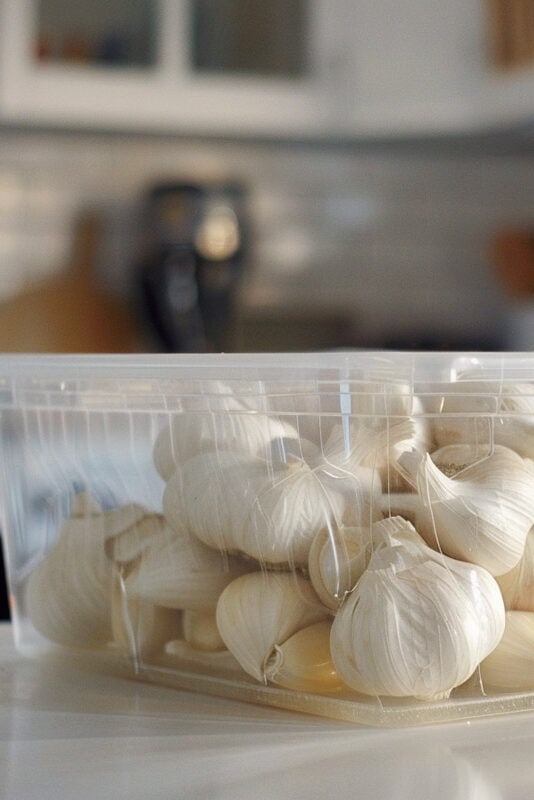 Garlic in a plastic container on a kitchen counter.