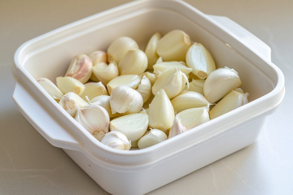 Garlic in a white container on a table.