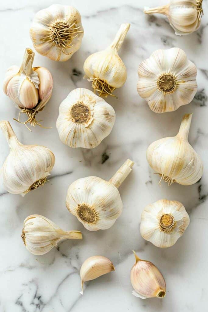 A group of garlic bulbs on a marble table.