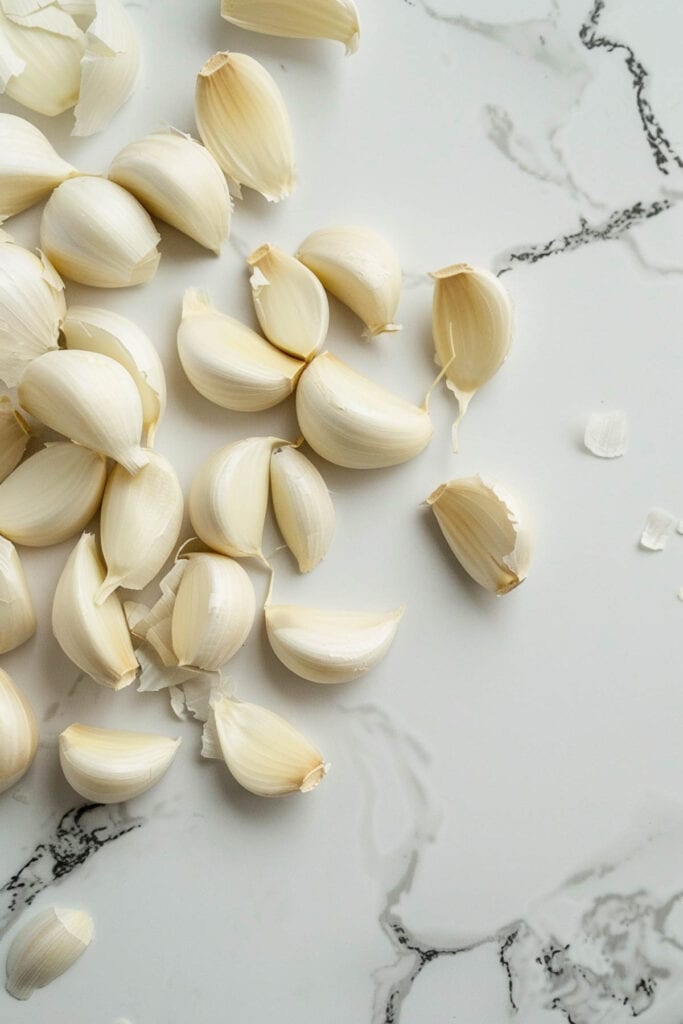 Garlic cloves on a marble table.