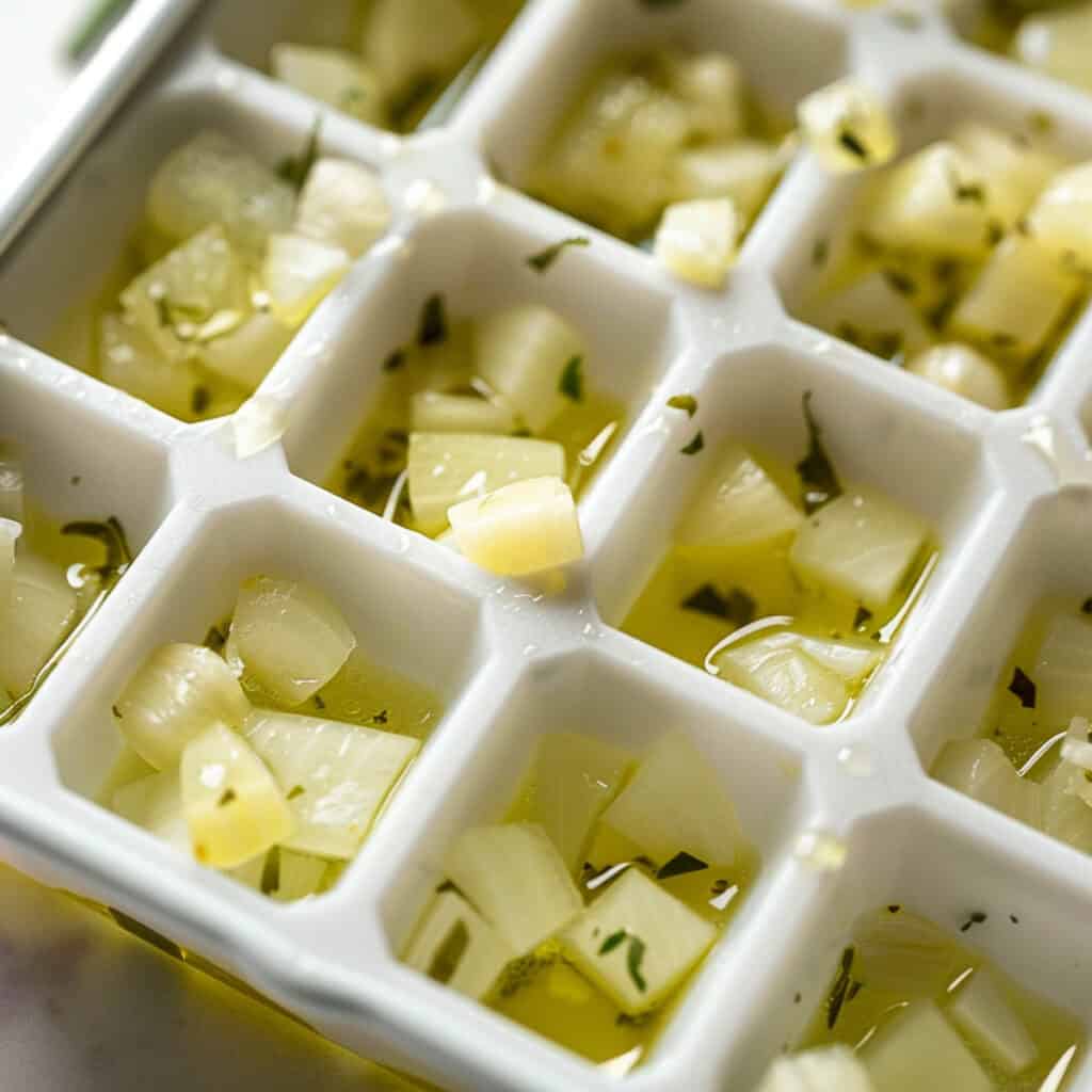 An ice cube tray filled with onions and garlic.