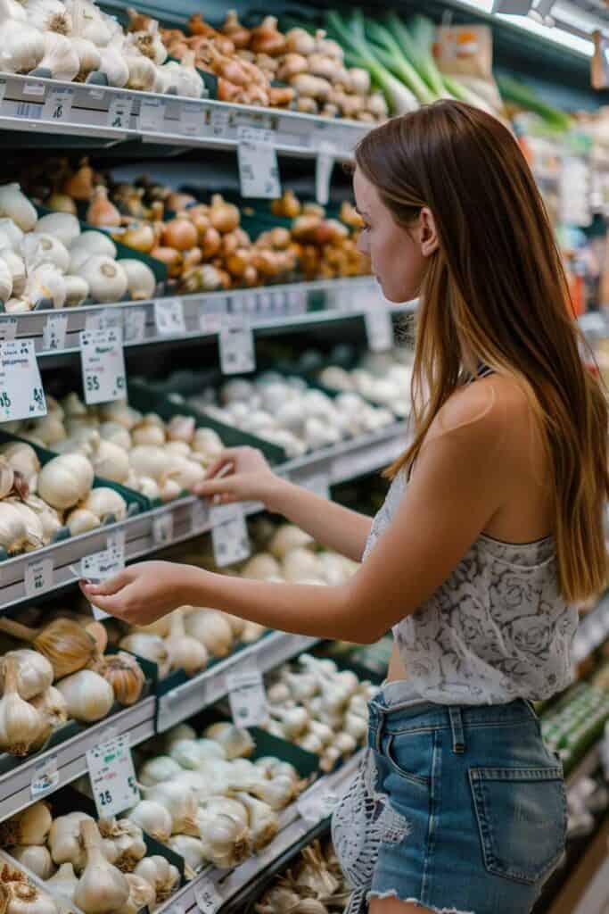 A woman is choosing vegetables in a grocery store.