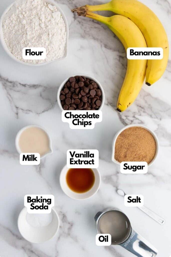 A list of ingredients for a gluten-free banana chocolate cake recipe.